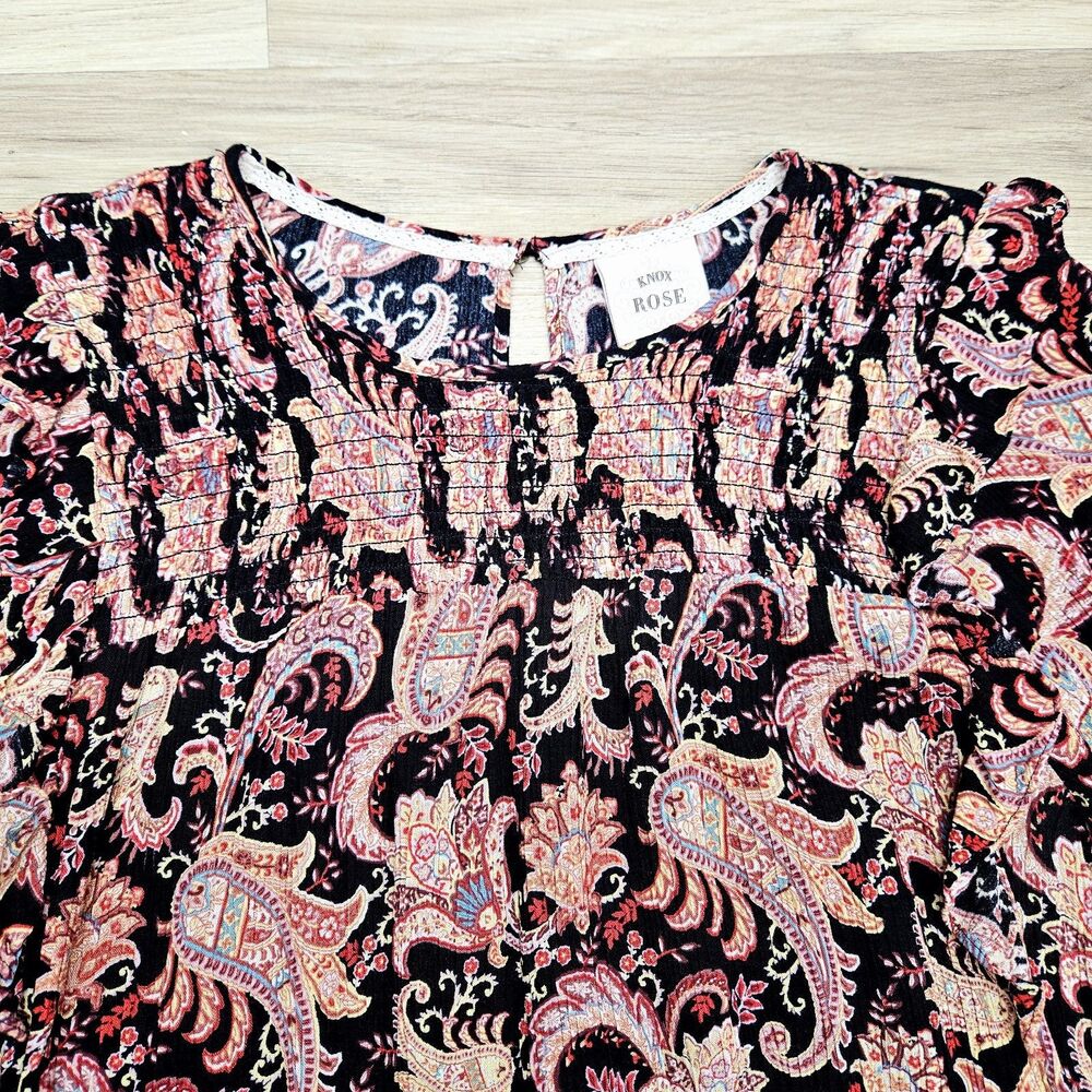 Knox Rose Womens Black Boho Floral Paisley Blouse Size Large Ruffles Longsleeve - Picture 5 of 9